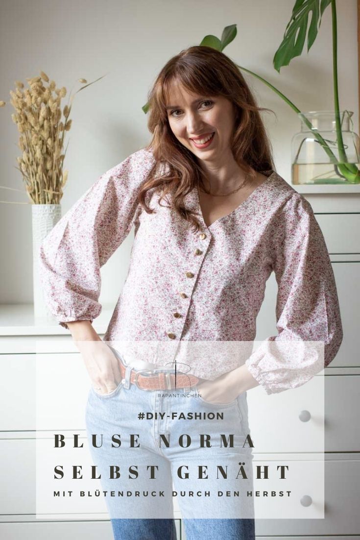 Pinterest-Bild der Bluse Norma, genäht aus Blüten-Baumwolle